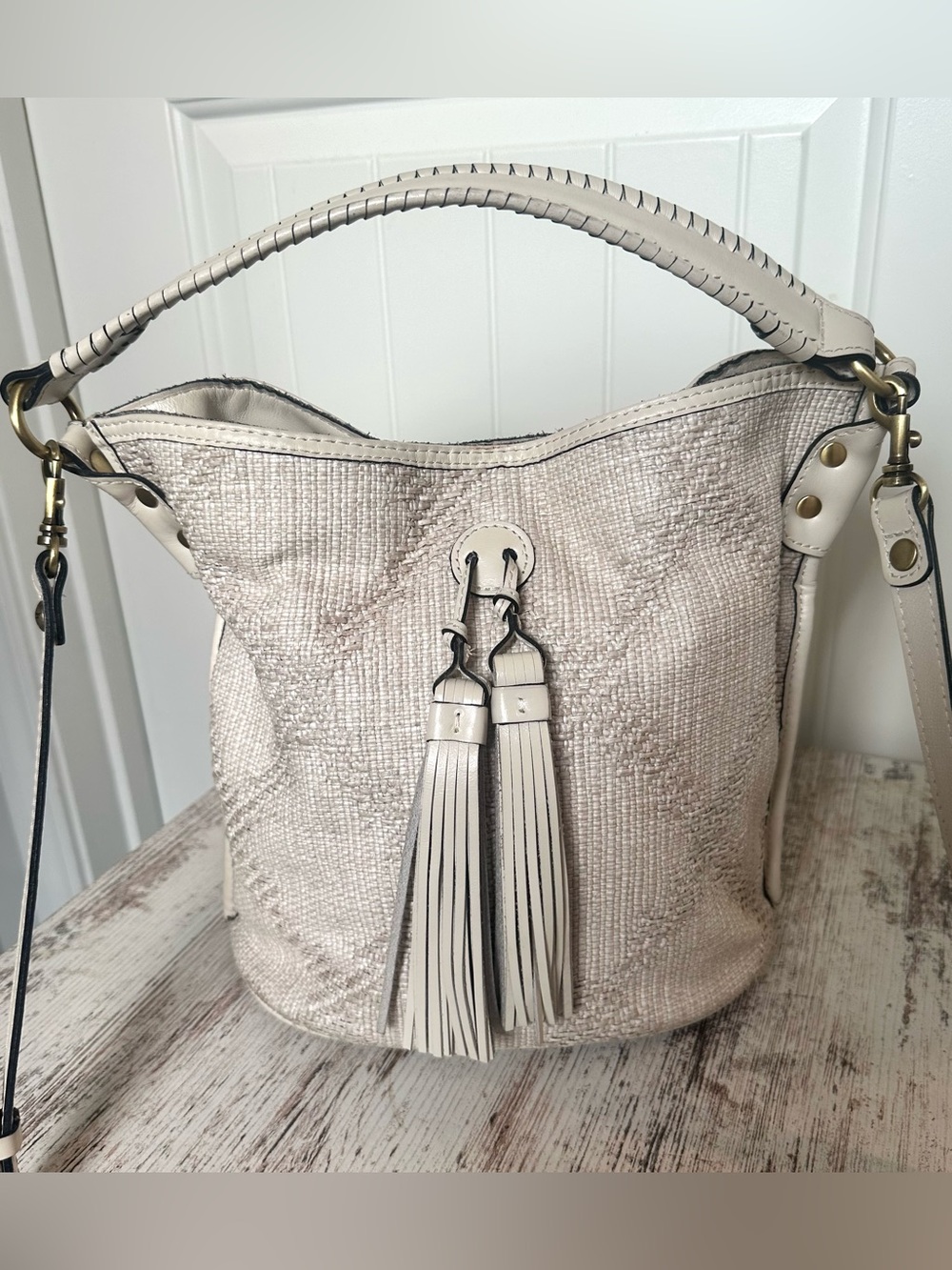 Patricia Nash Cream Tassel Bucket Bag